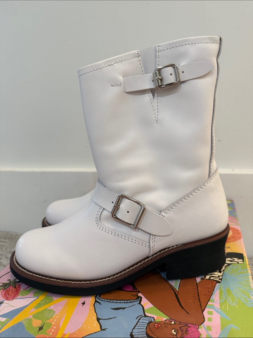 Nib Jeffrey Campbell White Leather Mid-Calf Buckle Boots